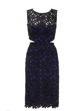Nicole Miller Black Lace Overlay Sheath Dress with Blue Lining cut out dress